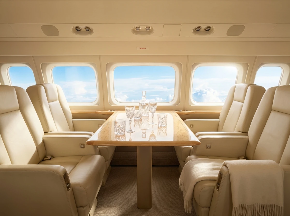Luxury private jet interior with premium leather seating